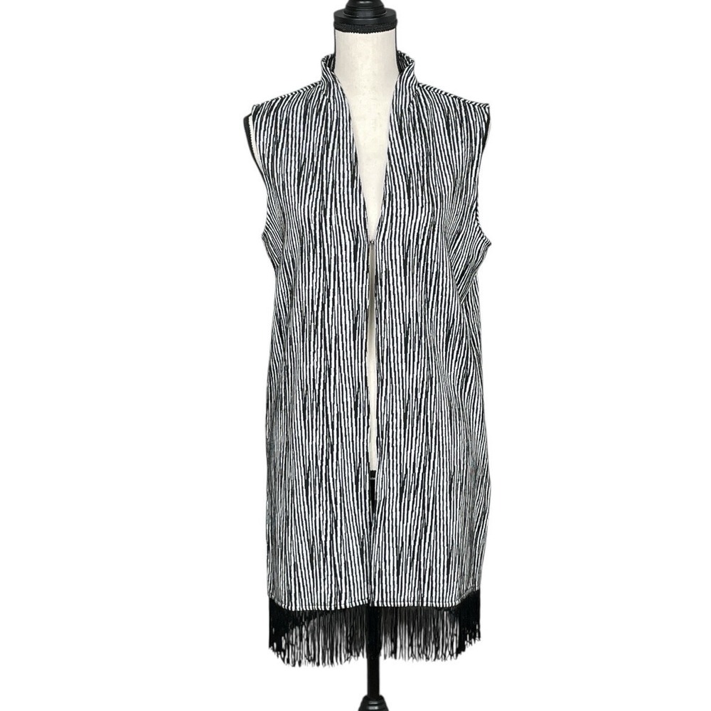 Abstract‎ Black Silver Stripe Open Front Cardigan Sweater Womens S Fringe Artsy
